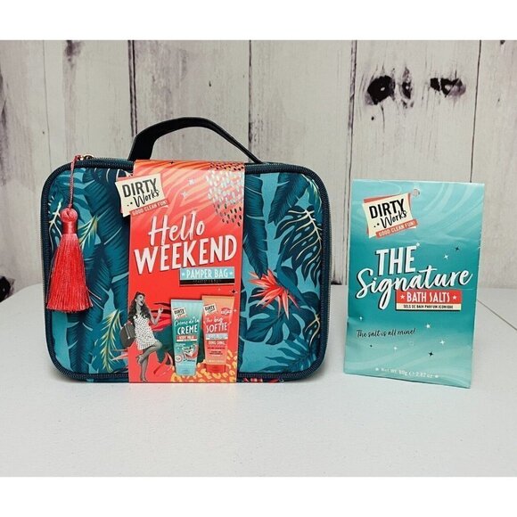 Dirty Works Hello Weekend Pamper Bag Set Body Wash Butter & Puff + Bath Salts - Picture 1 of 5
